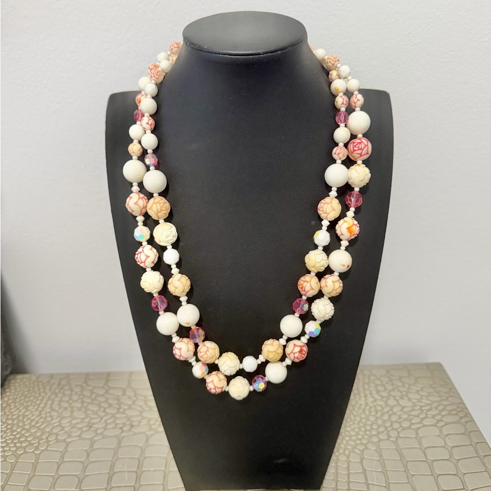 Vintage Acrylic Cabbage Rose Necklace Cream And Pink With Crystal Beaded Spring